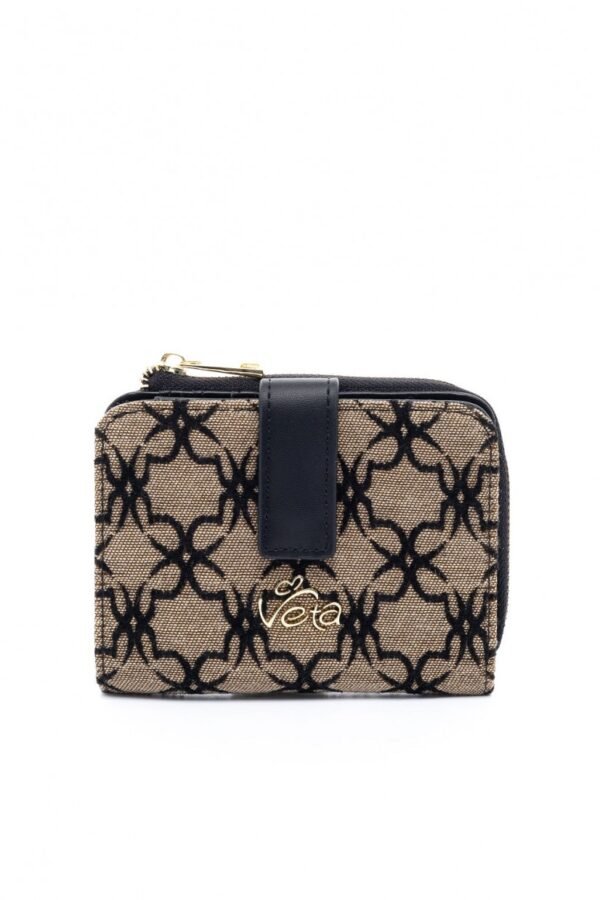 Πορτοφόλι μπεζ υφασμάτινο σε συνδυασμό με μαύρο λογότυπο.