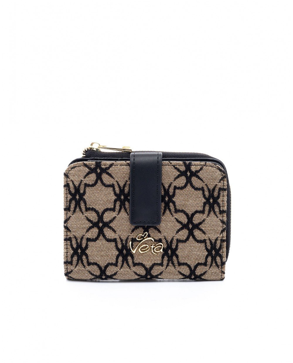 Πορτοφόλι μπεζ υφασμάτινο σε συνδυασμό με μαύρο λογότυπο.