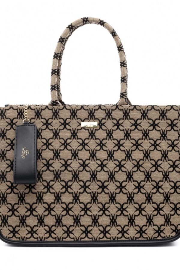 Τσάντα χειρός υφασμάτινη μπεζ σε συνδυασμό με μαύρο λογότυπο