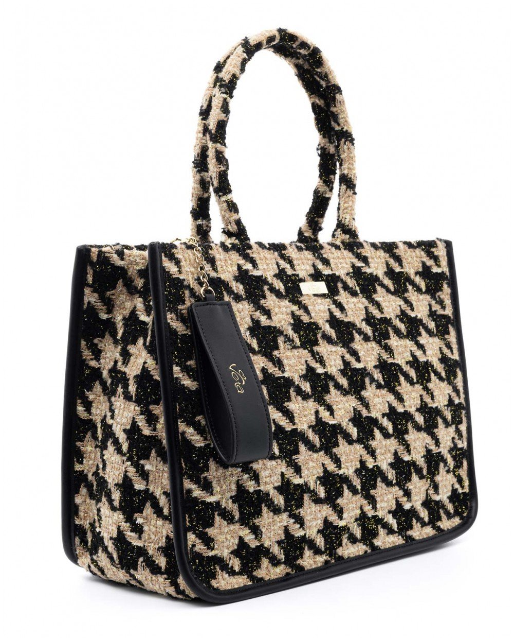 Τσάντα χειρός μπεζ υφασμάτινη σε συνδυασμό με μαύρο pied de poule και χρυσή λεπτομέρεια. - Image 3