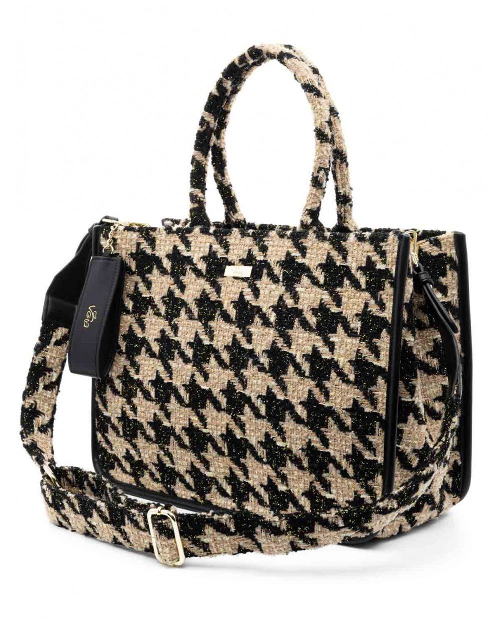 Τσάντα χειρός μπεζ υφασμάτινη σε συνδυασμό με μαύρο pied de poule και χρυσή λεπτομέρεια. - Image 5