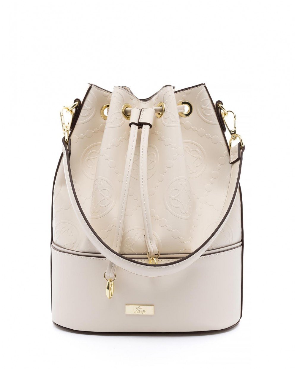 Τσάντα πουγκί μπεζ ανοιχτό σε συνδυασμό με καφέ λεπτομέρεια και ανάγλυφο μοτίβο.