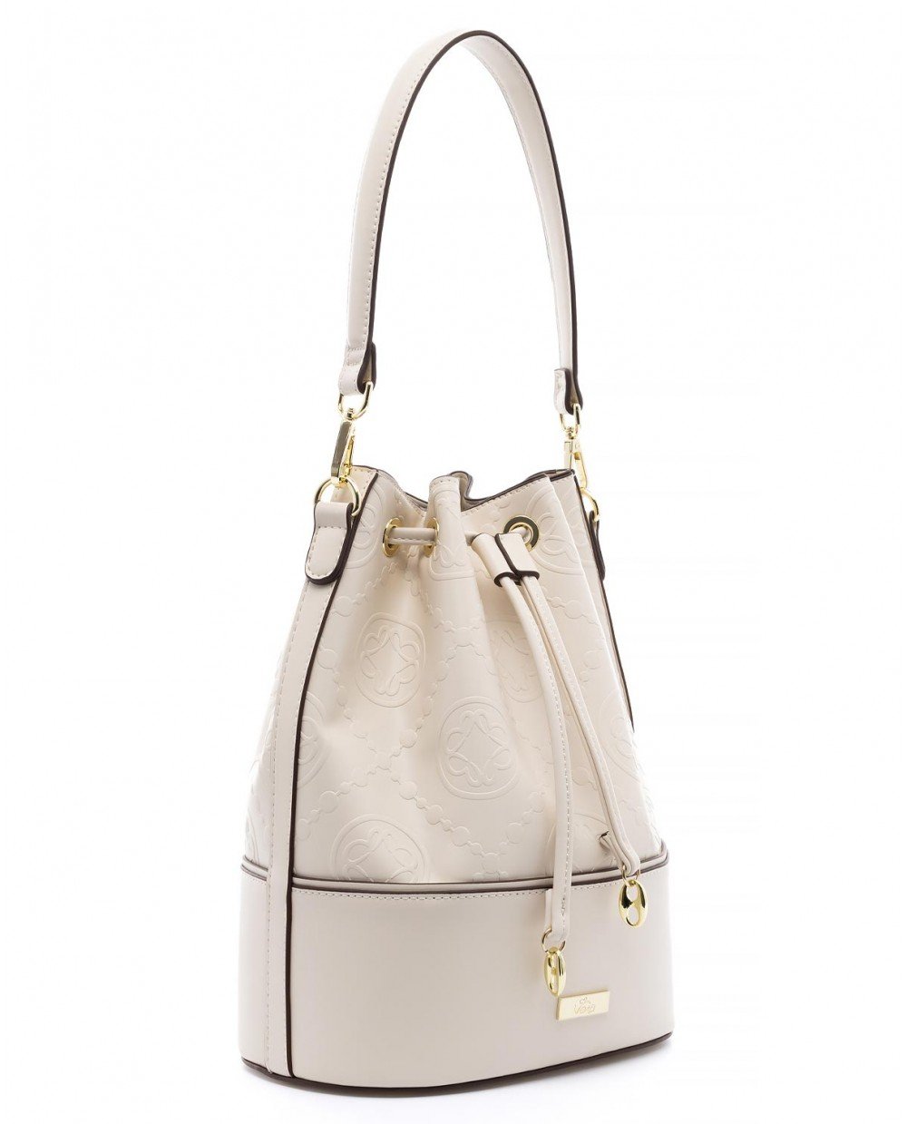 Τσάντα πουγκί μπεζ ανοιχτό σε συνδυασμό με καφέ λεπτομέρεια και ανάγλυφο μοτίβο. - Image 3