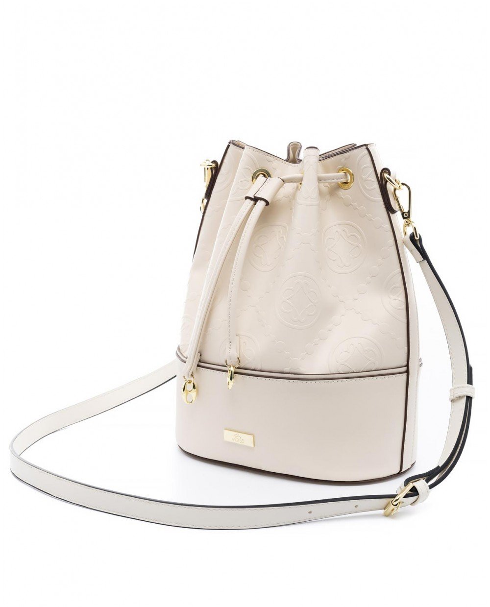 Τσάντα πουγκί μπεζ ανοιχτό σε συνδυασμό με καφέ λεπτομέρεια και ανάγλυφο μοτίβο. - Image 4